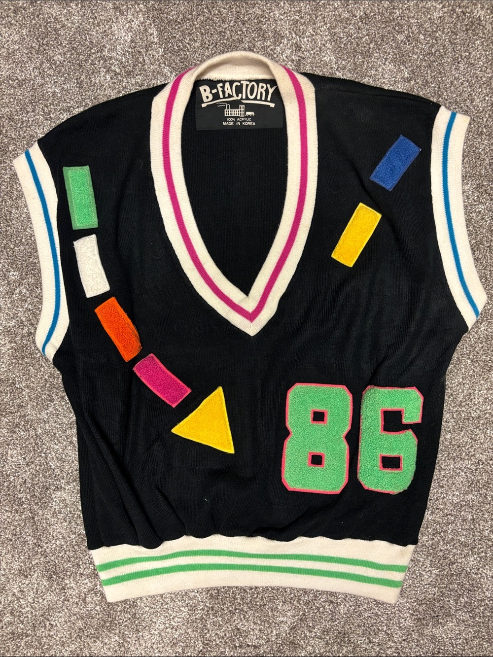 Vintage B-Factory Black Sleeveless Varsity Sweater Vest with Colorful Patches